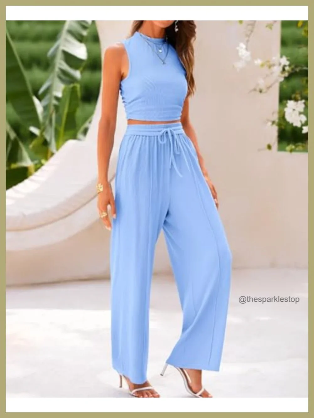 Ribbed Knit 2 Piece Outfit Wide Leg Pants Lounge Set Sleeveless Travel